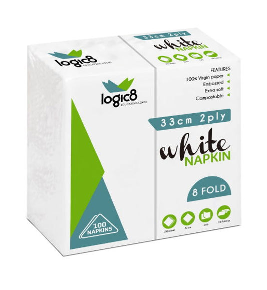 Logic8 33cm 2ply *8fold* White Lunch napkins (20x100's)