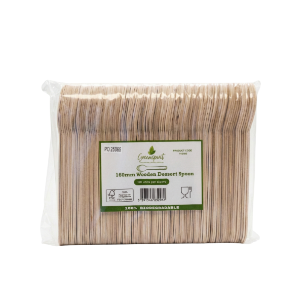 160mm Greenspirit Wooden Dessert Spoon (10x100)