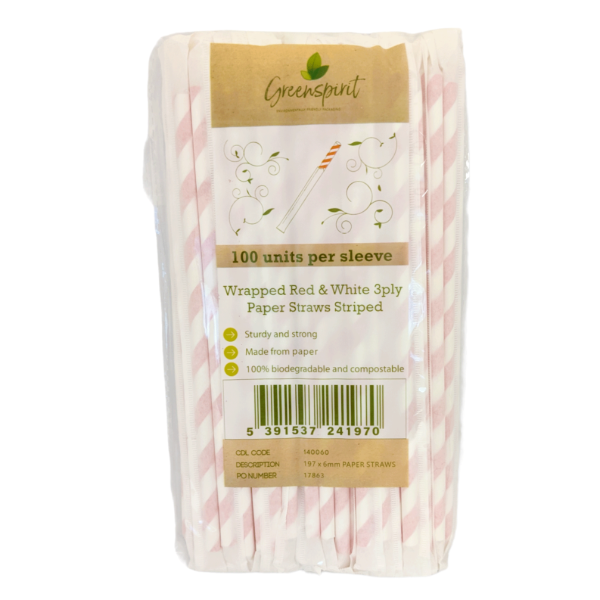 6x197mm, 3ply, Wrapped GS Paper Straws Red Stripes (48x100)