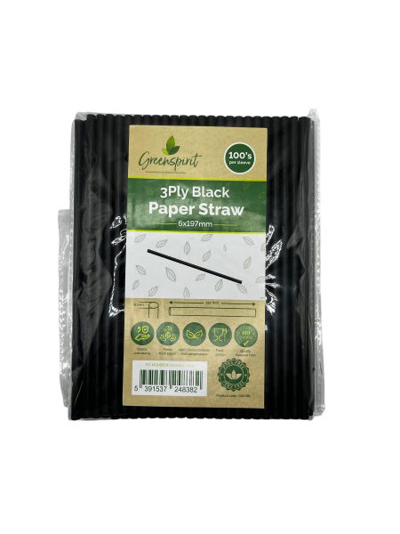 6x197mm, 3ply, Greenspirit Paper Straws Black (50x100)